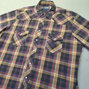 Wrangler Western Shirt Mens XL Short Sleeve Plaid Pearl Snap Brown Blue Cowboy